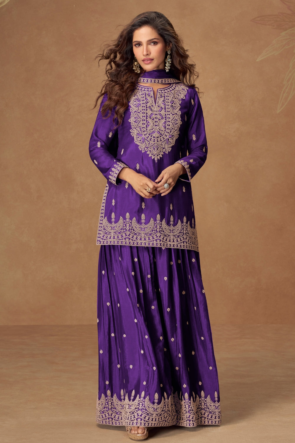 Embroidered Chinon Palazzo Suit Set with Dupatta