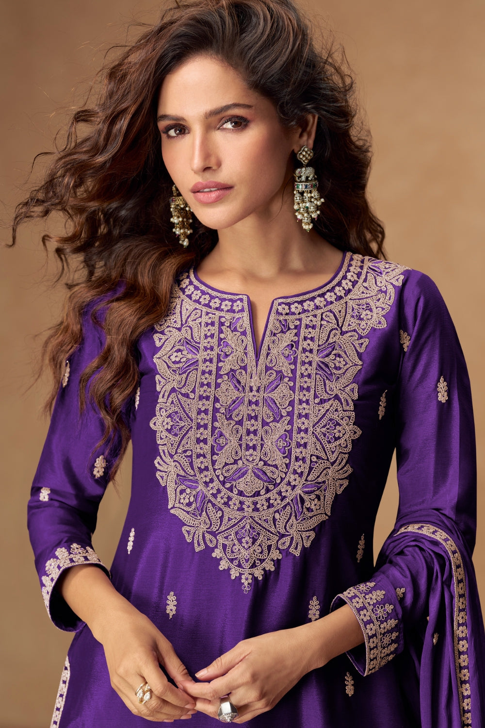 Embroidered Chinon Palazzo Suit Set with Dupatta
