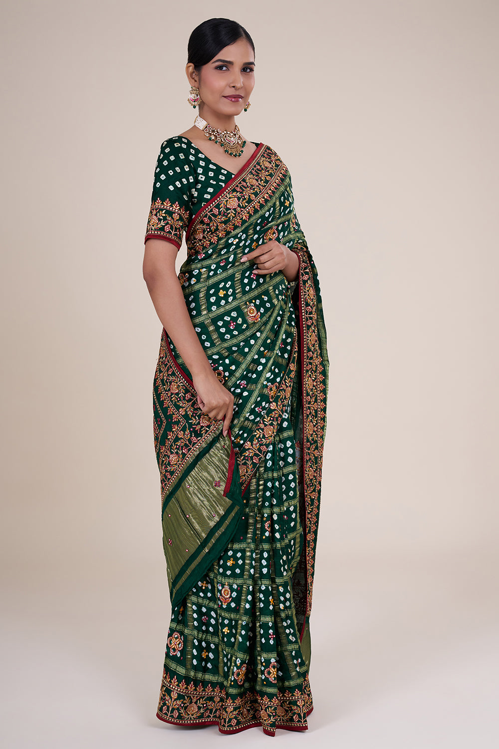 Emerald Green Bandhej Gharchola Gaji Silk Saree