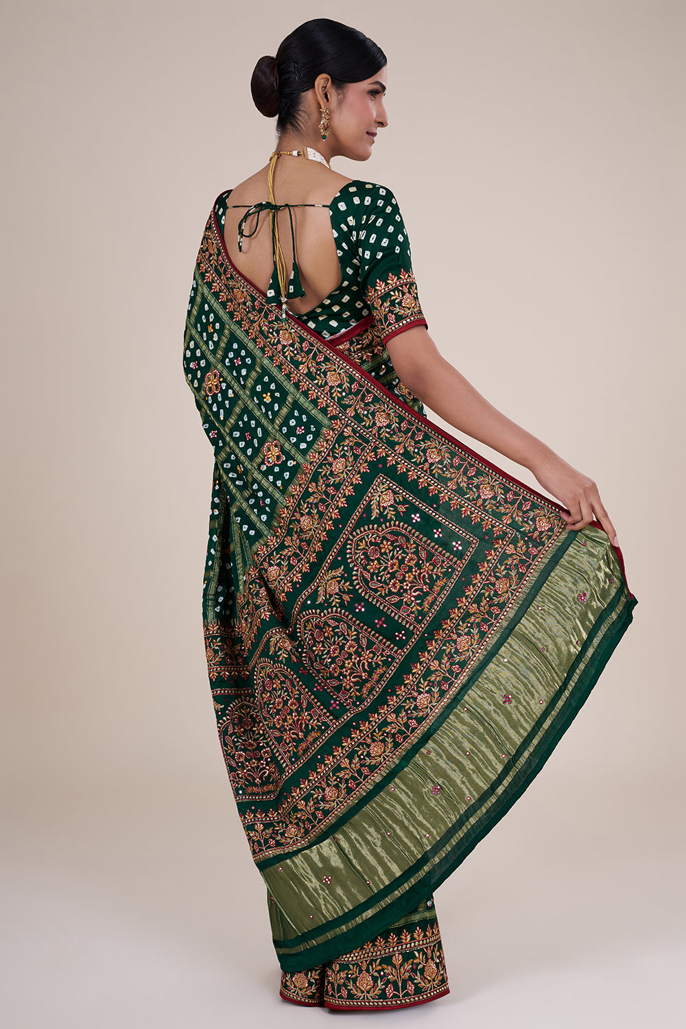 Emerald Green Bandhej Gharchola Gaji Silk Saree