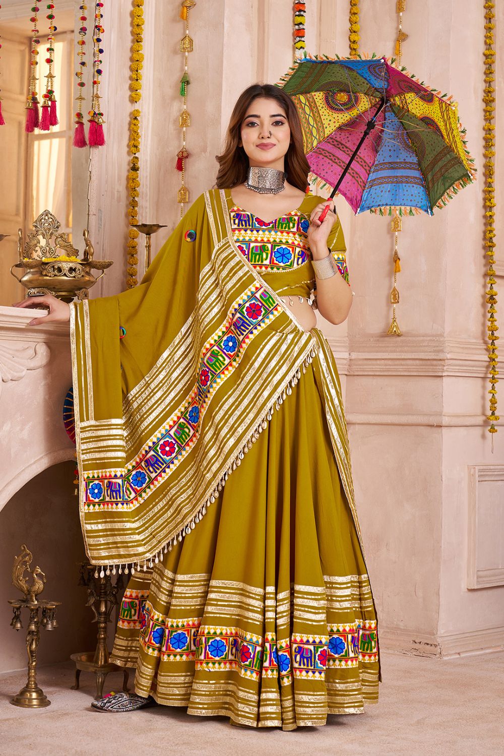 GREEN VISCOSE COTTON NAVRATRI LEHENGA CHOLI WITH THREAD AND MIRROR WORK