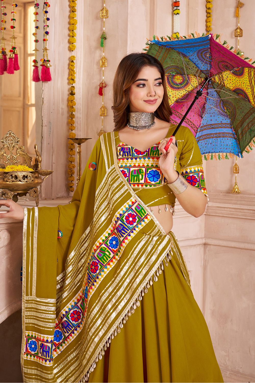 GREEN VISCOSE COTTON NAVRATRI LEHENGA CHOLI WITH THREAD AND MIRROR WORK