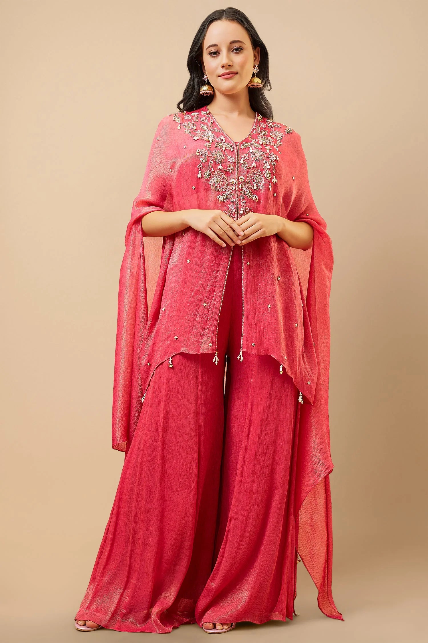 Fiery Rose Pink Crush Chinon Handwork Bodice Cape Style Top Palazzo Set