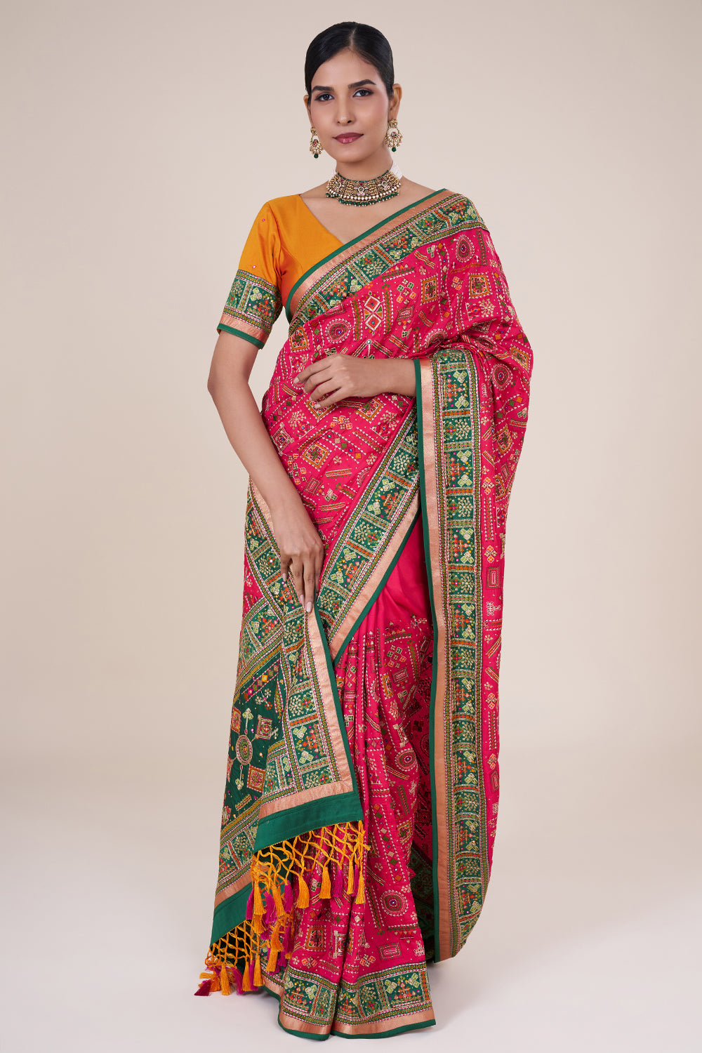 Fluorescent pink embroidered soft silk saree