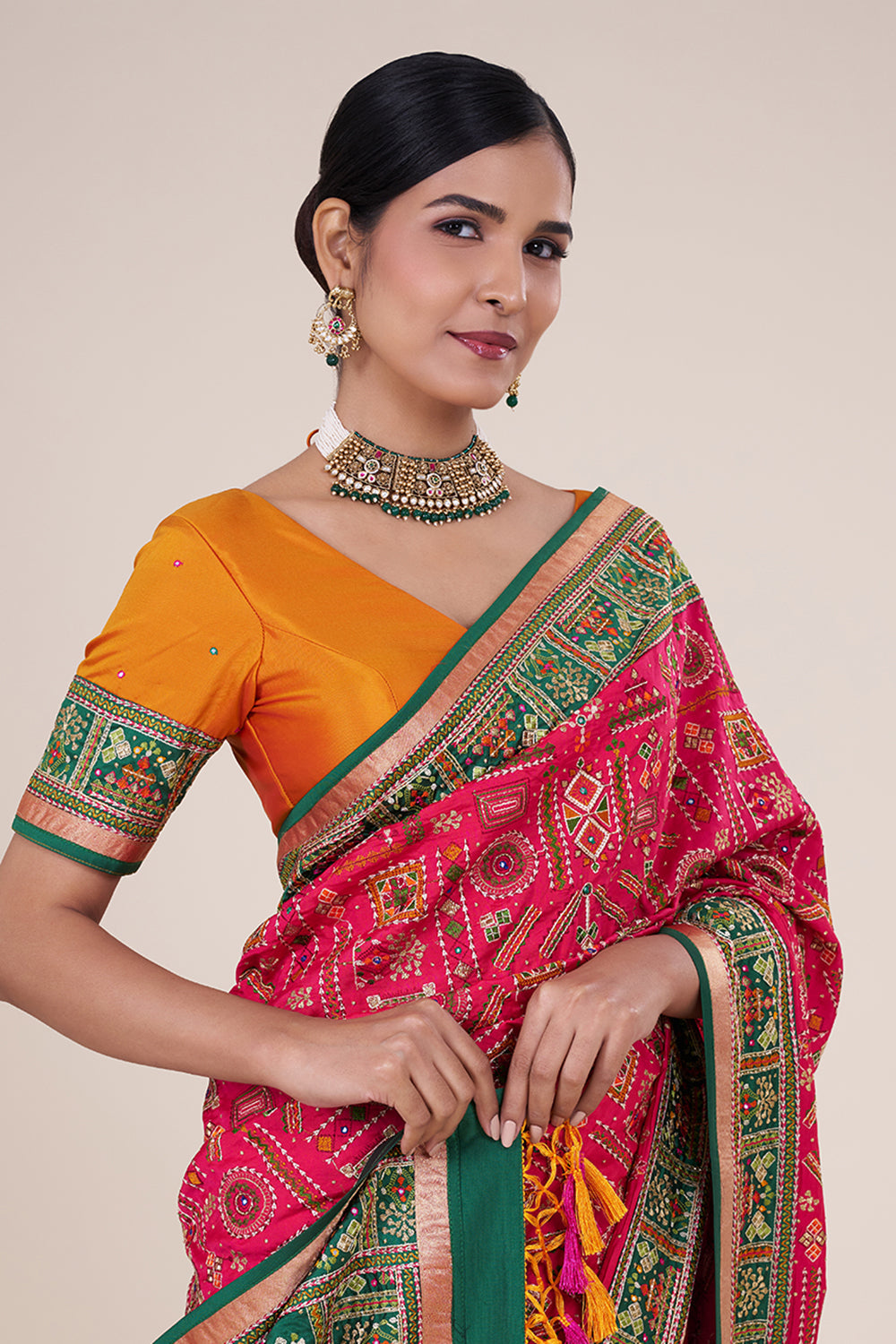 Fluorescent pink embroidered soft silk saree