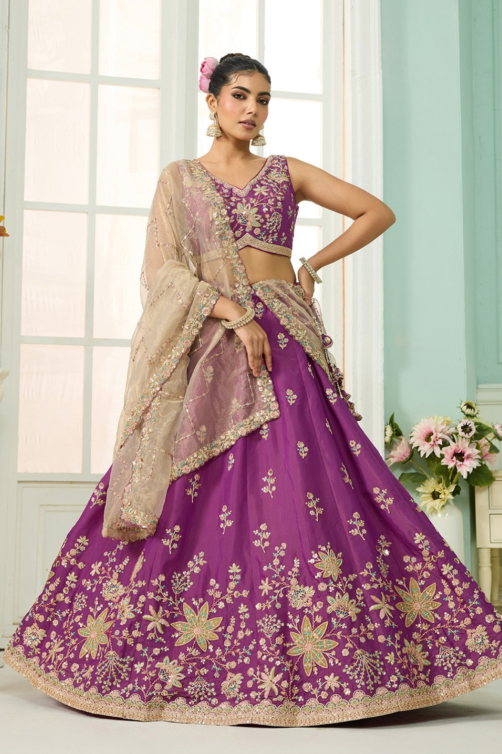 GEORGETTE LEHENGA CHOLI WITH MOTI AND SEQUINS