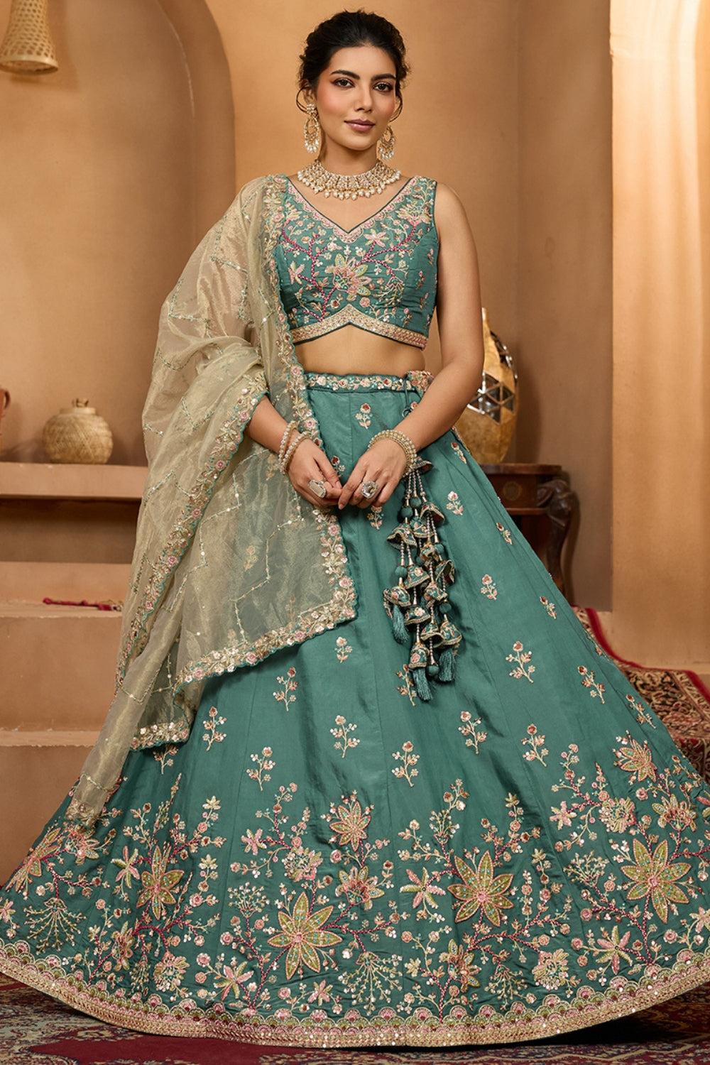 GEORGETTE LEHENGA CHOLI WITH MOTI AND SEQUINS