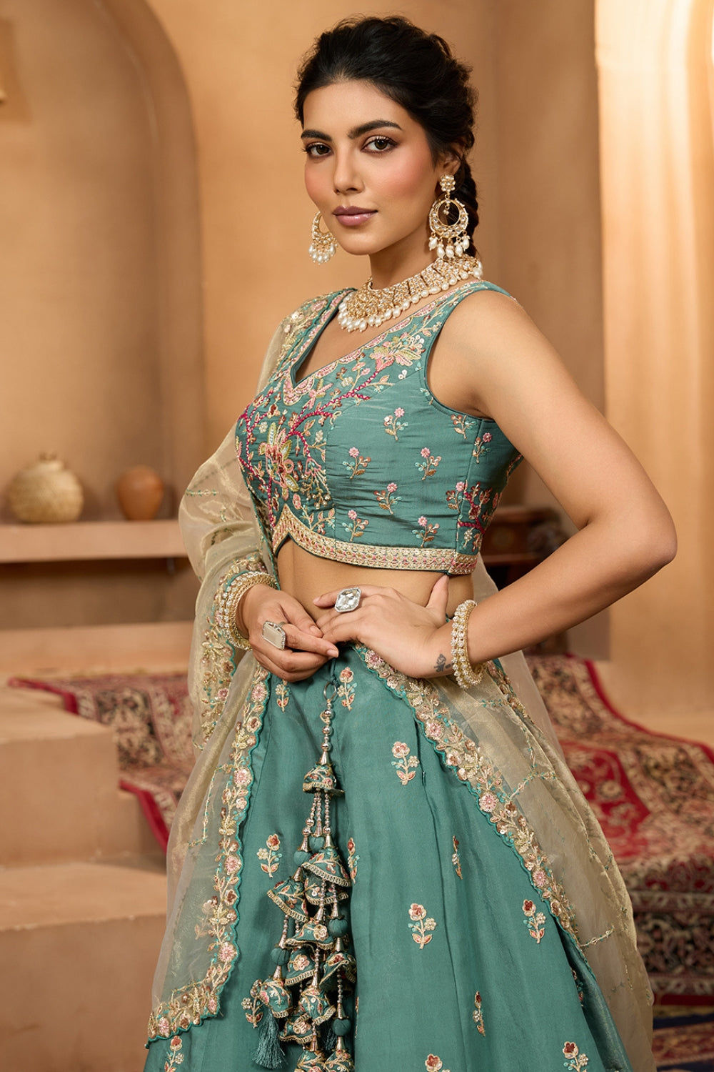 GEORGETTE LEHENGA CHOLI WITH MOTI AND SEQUINS