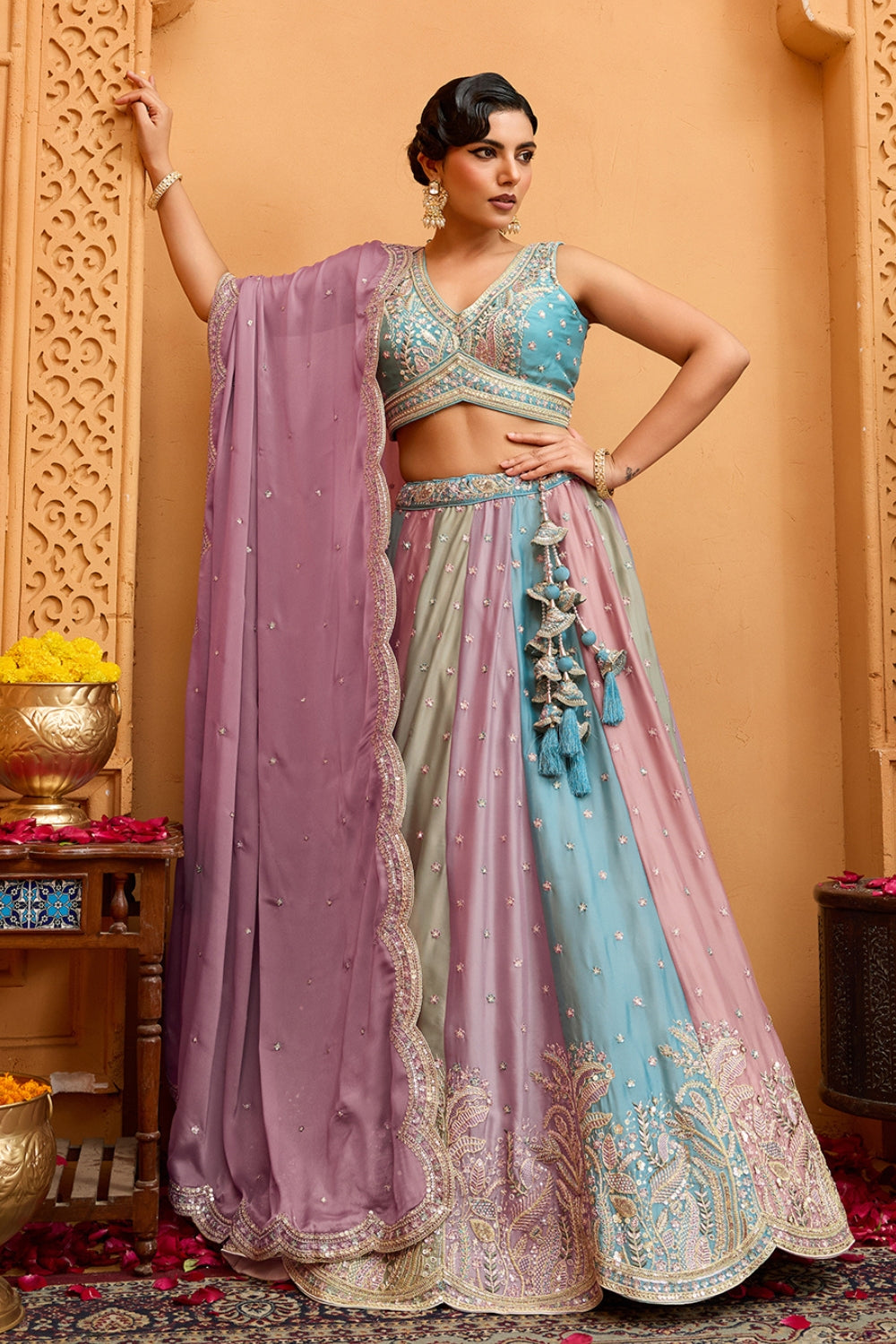 MULTI GEORGETTE LEHENGA CHOLI WITH RESHAM EMBROIDERY AND SEQUINS