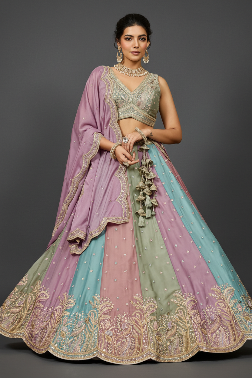 MULTI GEORGETTE LEHENGA CHOLI WITH RESHAM EMBROIDERY AND SEQUINS