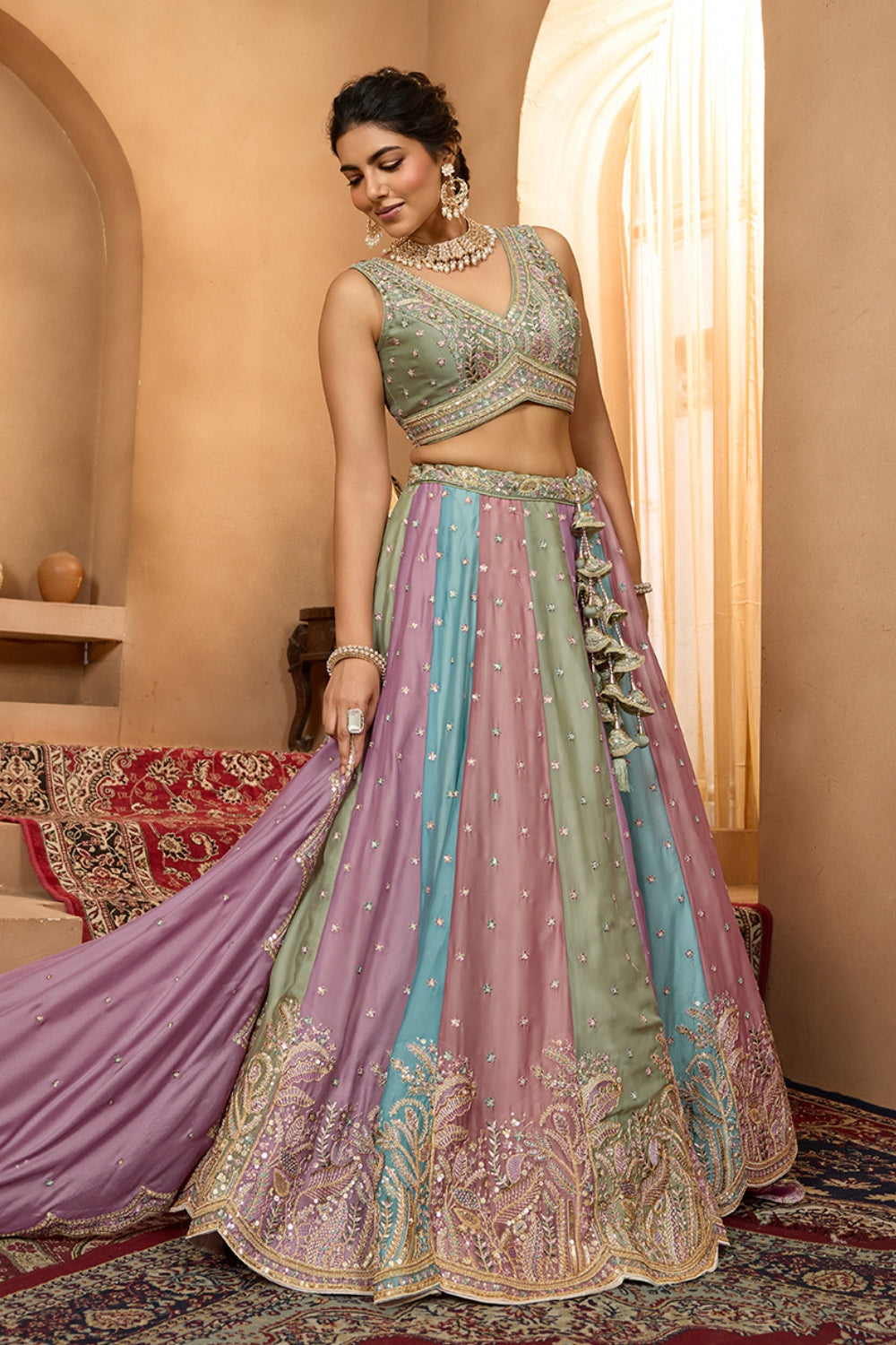 MULTI GEORGETTE LEHENGA CHOLI WITH RESHAM EMBROIDERY AND SEQUINS