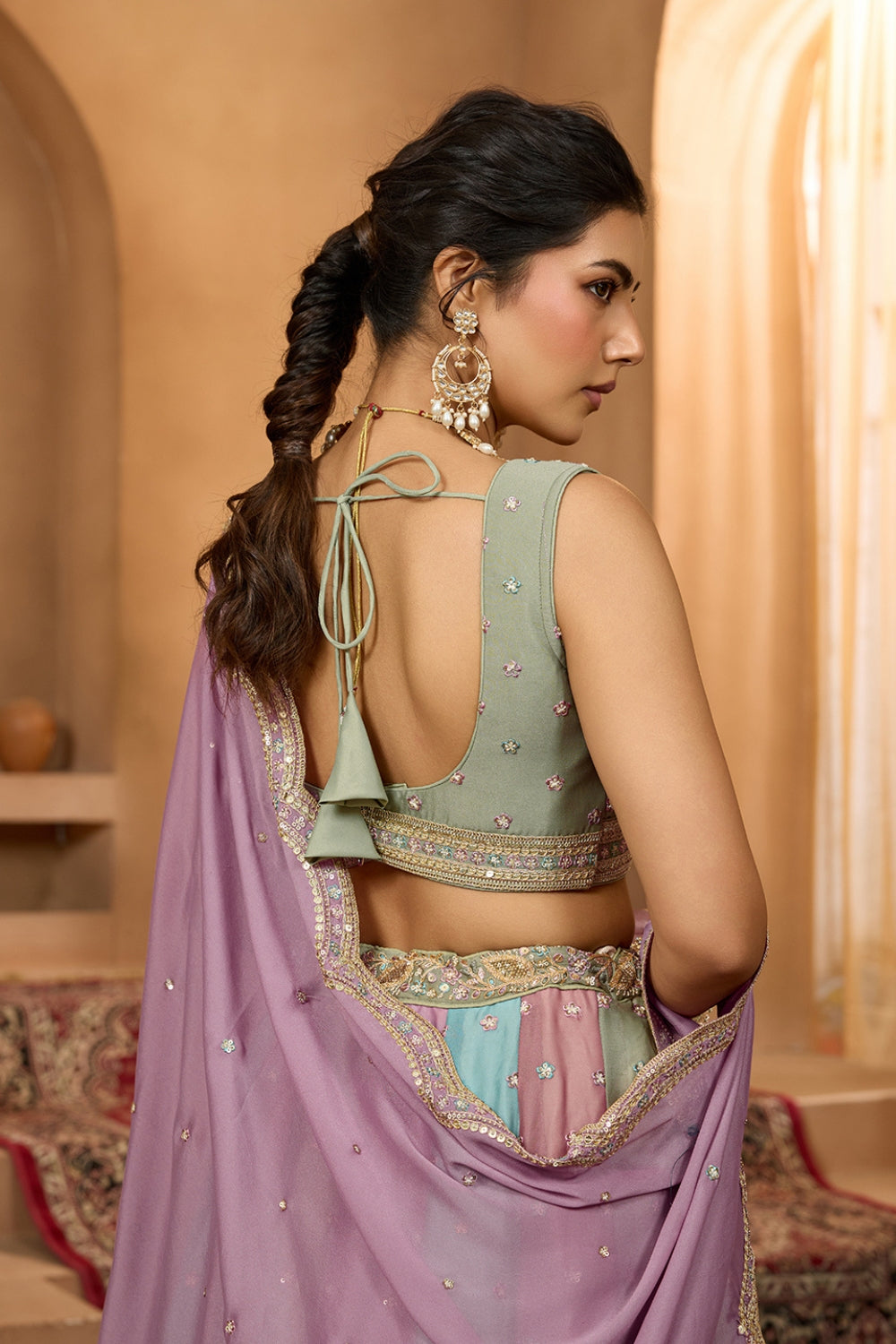 MULTI GEORGETTE LEHENGA CHOLI WITH RESHAM EMBROIDERY AND SEQUINS