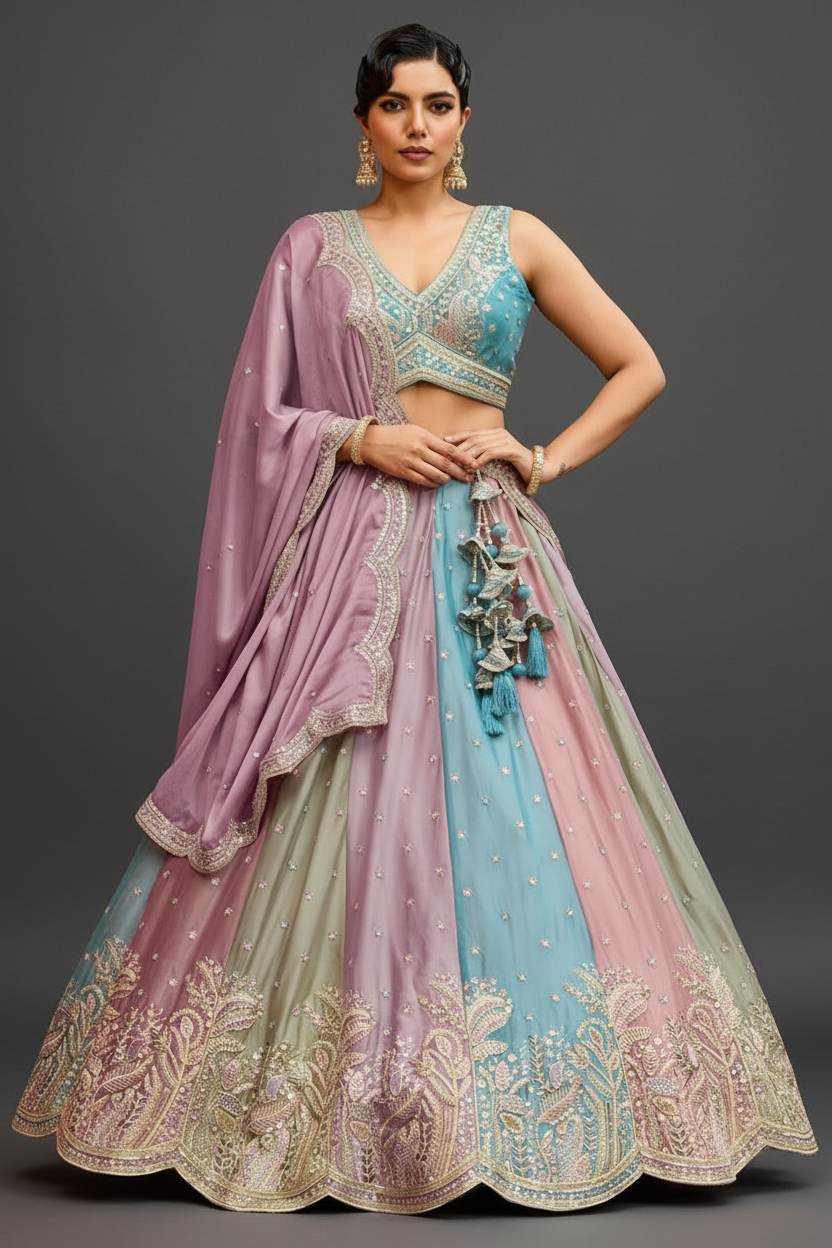 MULTI GEORGETTE LEHENGA CHOLI WITH RESHAM EMBROIDERY AND SEQUINS