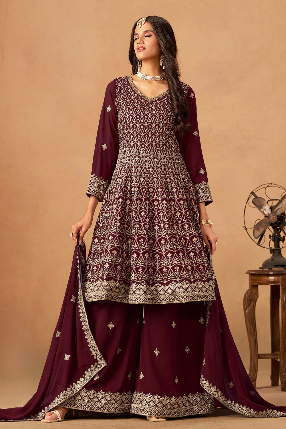 GEORGETTE PALAZZO SET WITH EMBROIDERY AND SEQUINS