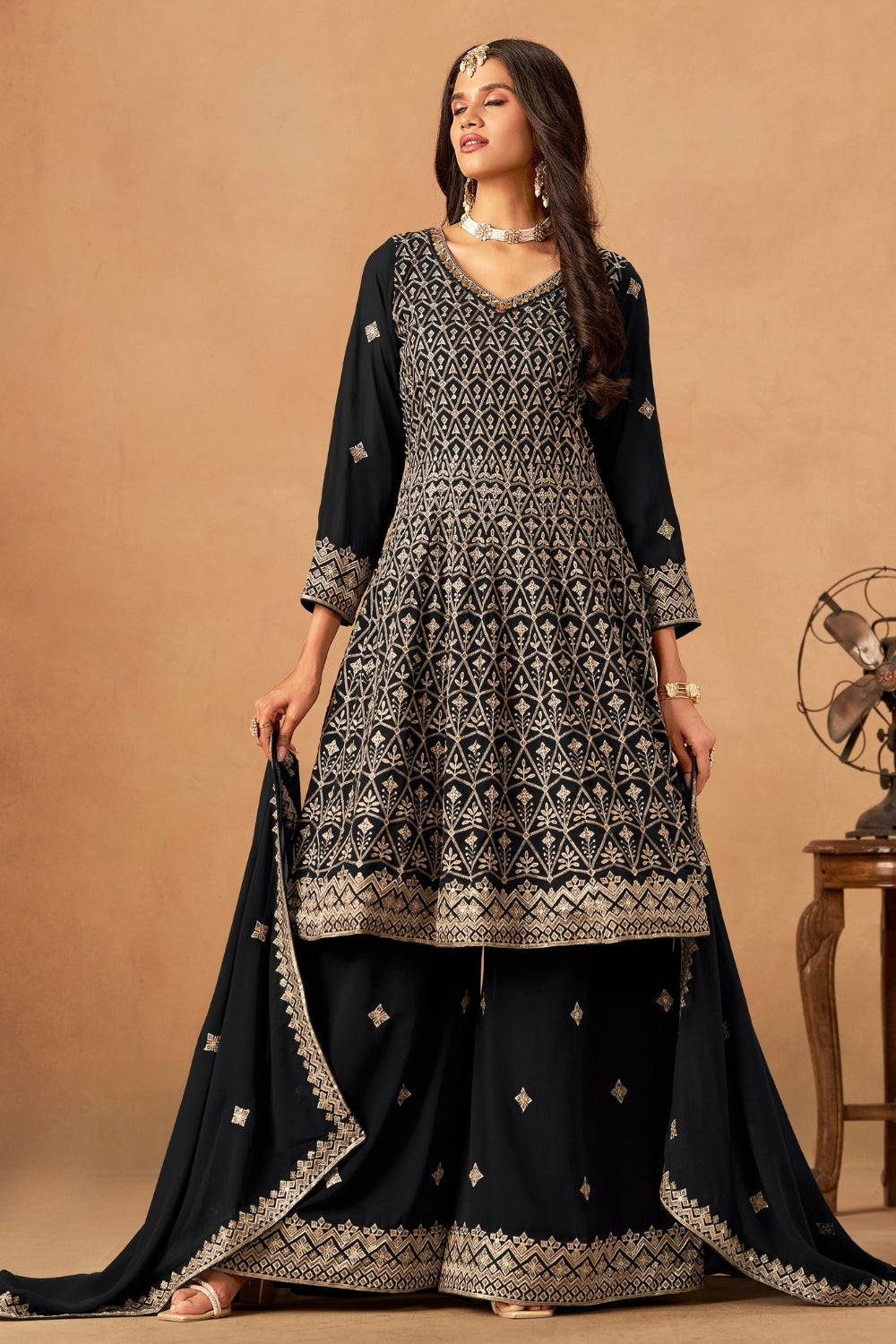 GEORGETTE PALAZZO SET WITH EMBROIDERY AND SEQUINS