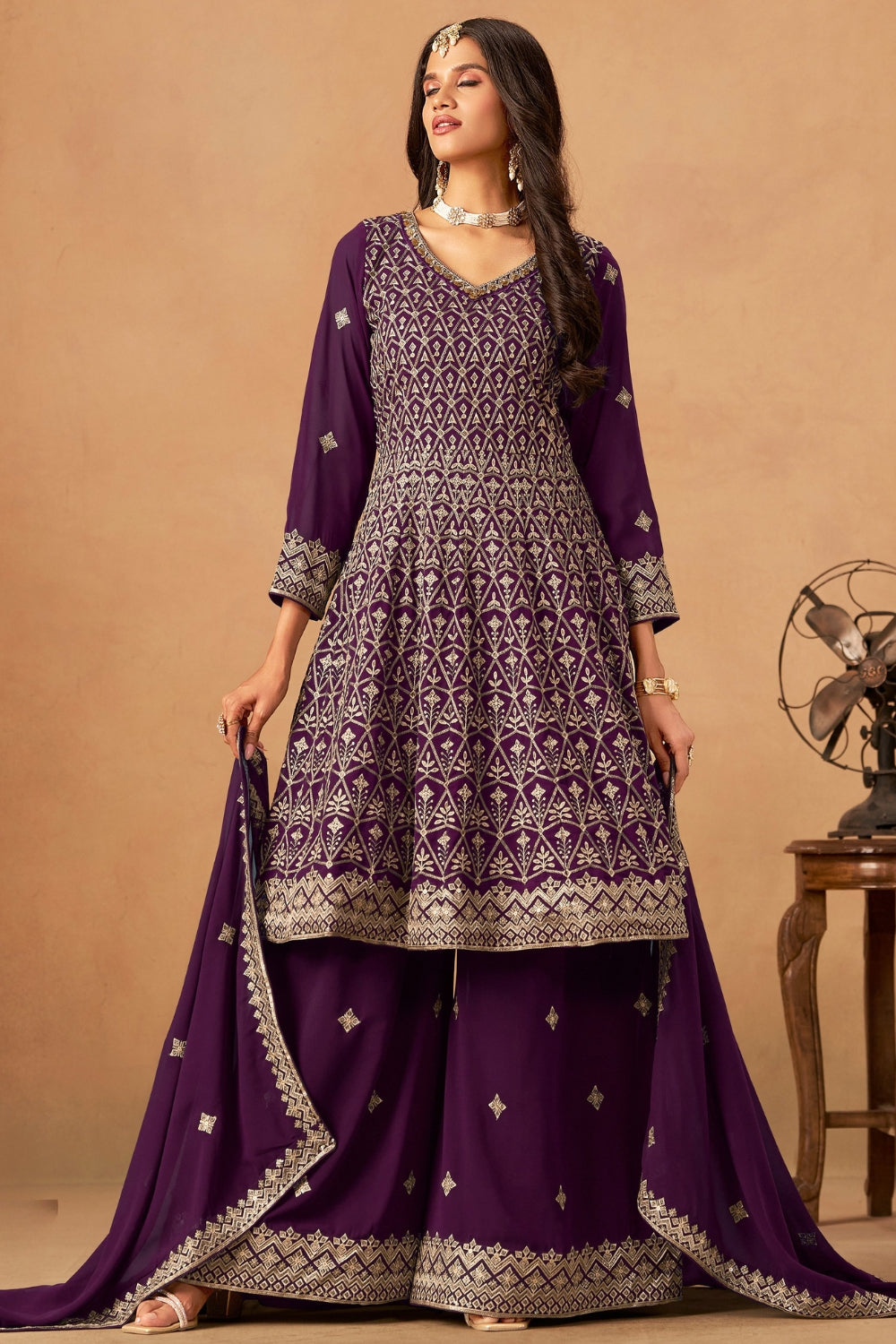 GEORGETTE PALAZZO SET WITH EMBROIDERY AND SEQUINS