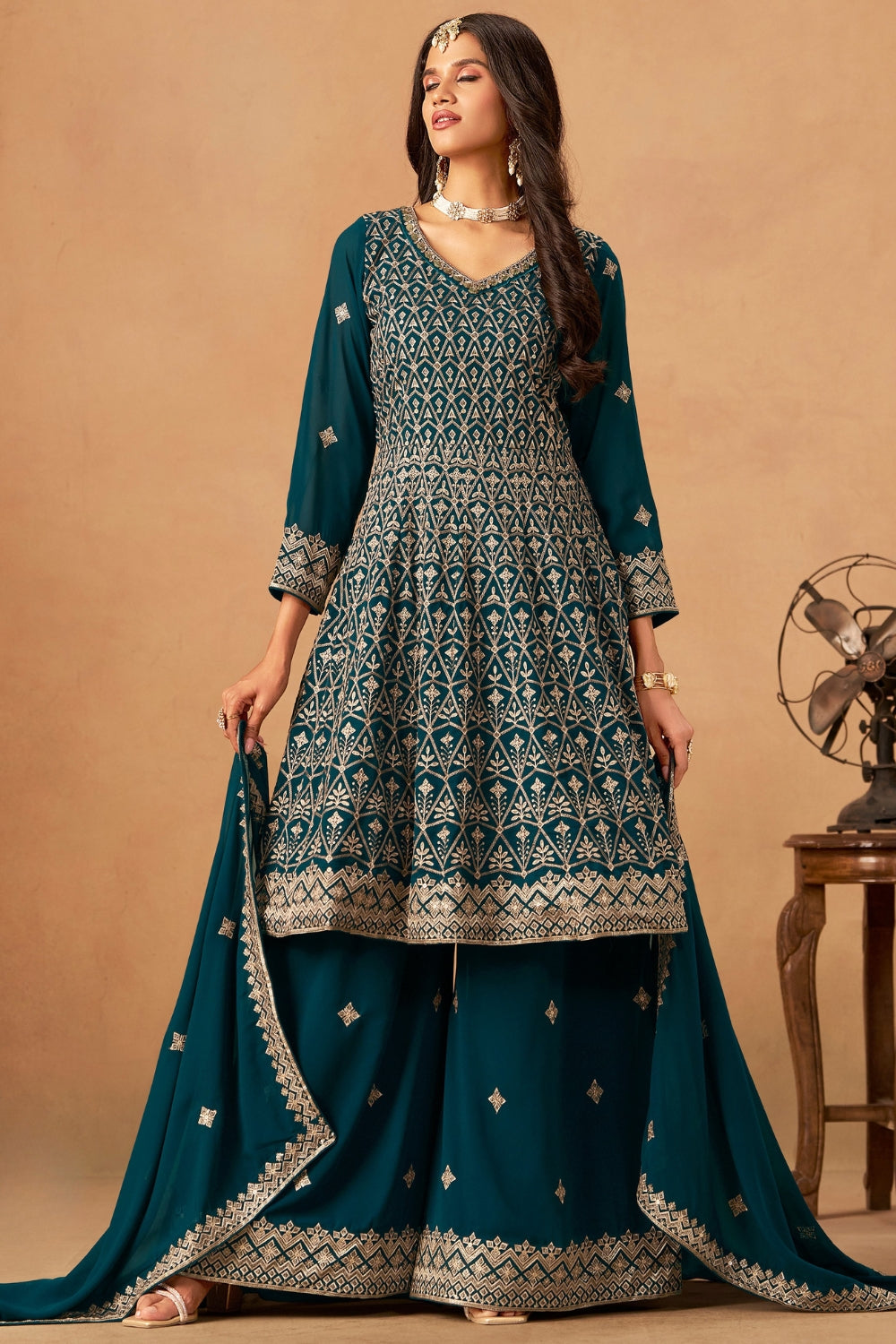 GEORGETTE PALAZZO SET WITH EMBROIDERY AND SEQUINS