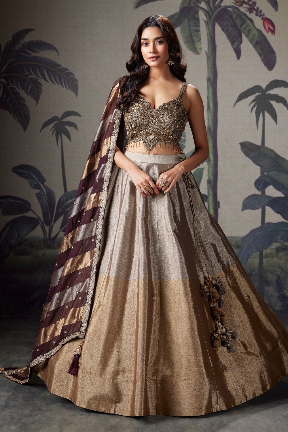 GOLD AND BRONZE TISSUE SILK LEHENGA WITH CUTDANA AND MOTI WORK