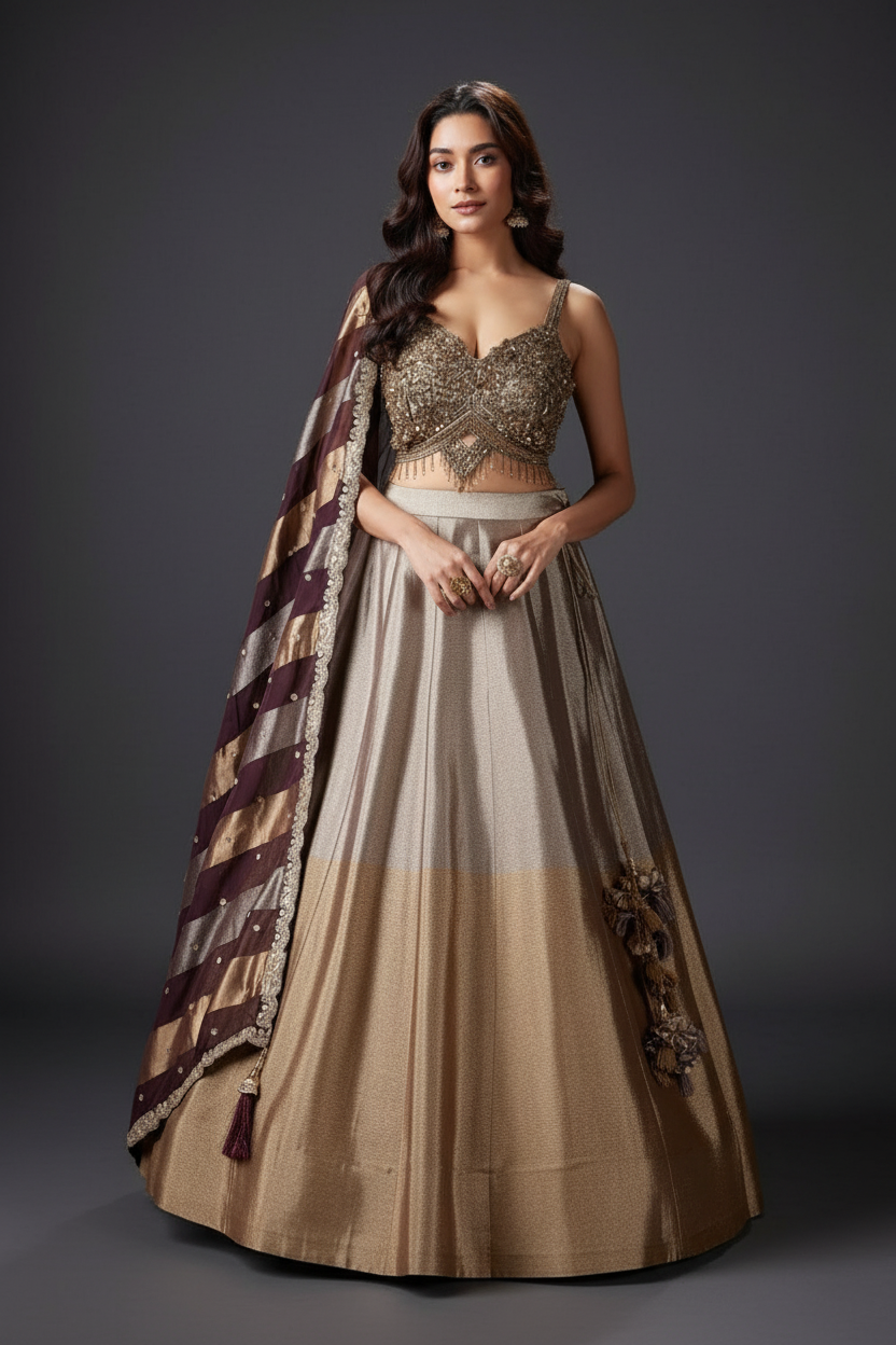 GOLD AND BRONZE TISSUE SILK LEHENGA WITH CUTDANA AND MOTI WORK