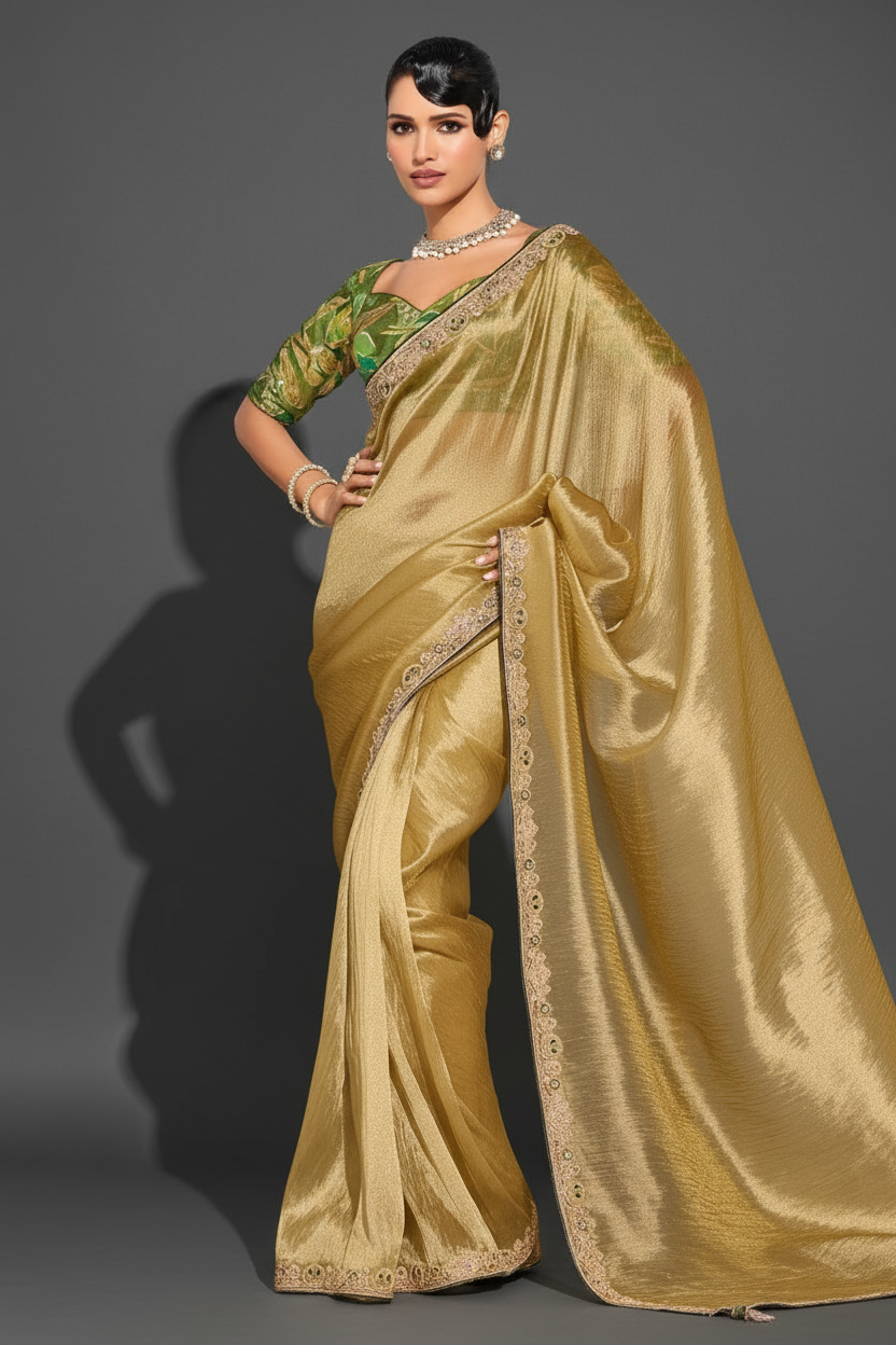 GOLDEN SAREE WITH SEQUINS AND EMBROIDERY