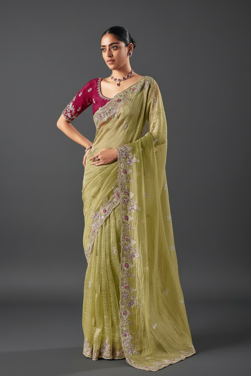 GREEN CRUSH TISSUE SAREE WITH RESHAM EMBROIDERY
