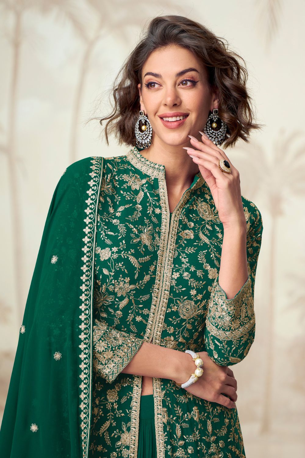 GREEN GEORGETTE INDO-WESTERN WITH EMBROIDERY AND SEQUINS WORK