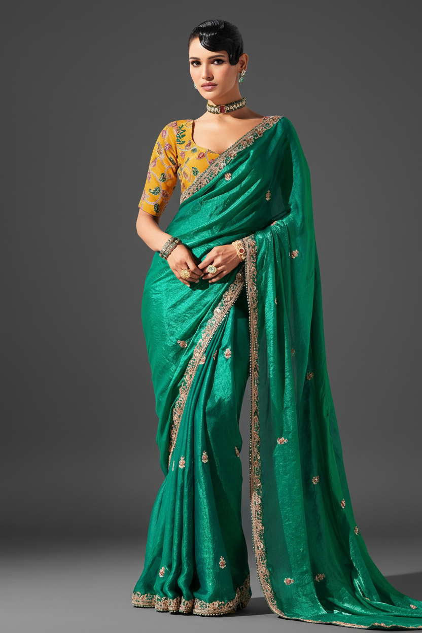 GREEN SAREE WITH SEQUINS AND EMBROIDERY