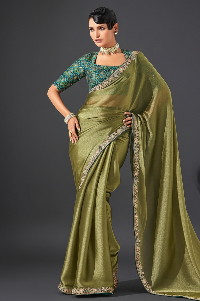 GREEN SAREE WITH SEQUINS AND EMBROIDERY