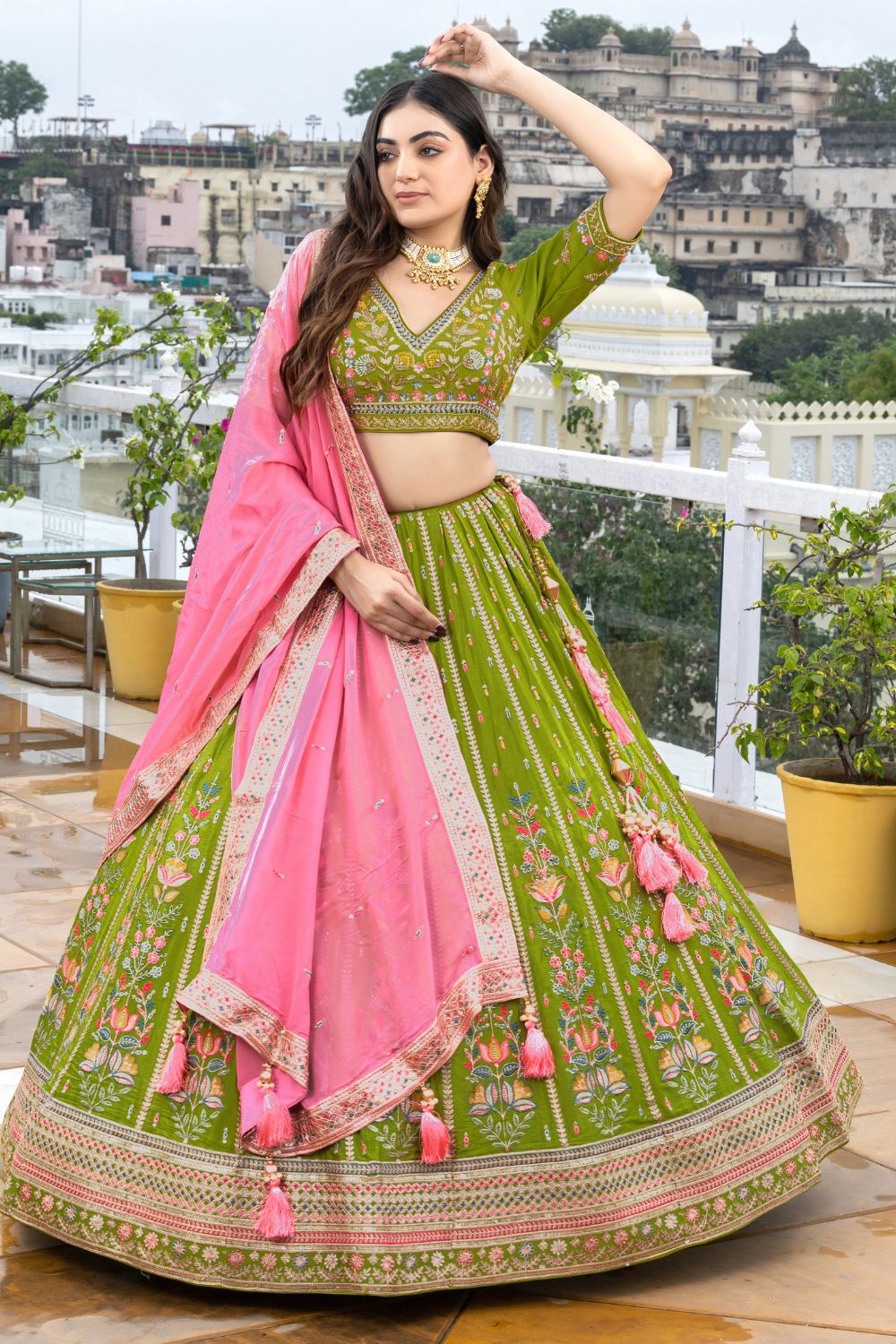 GREEN SILK LEHENGA CHOLI RESHAM EMBROIDERY AND ZARDOSI