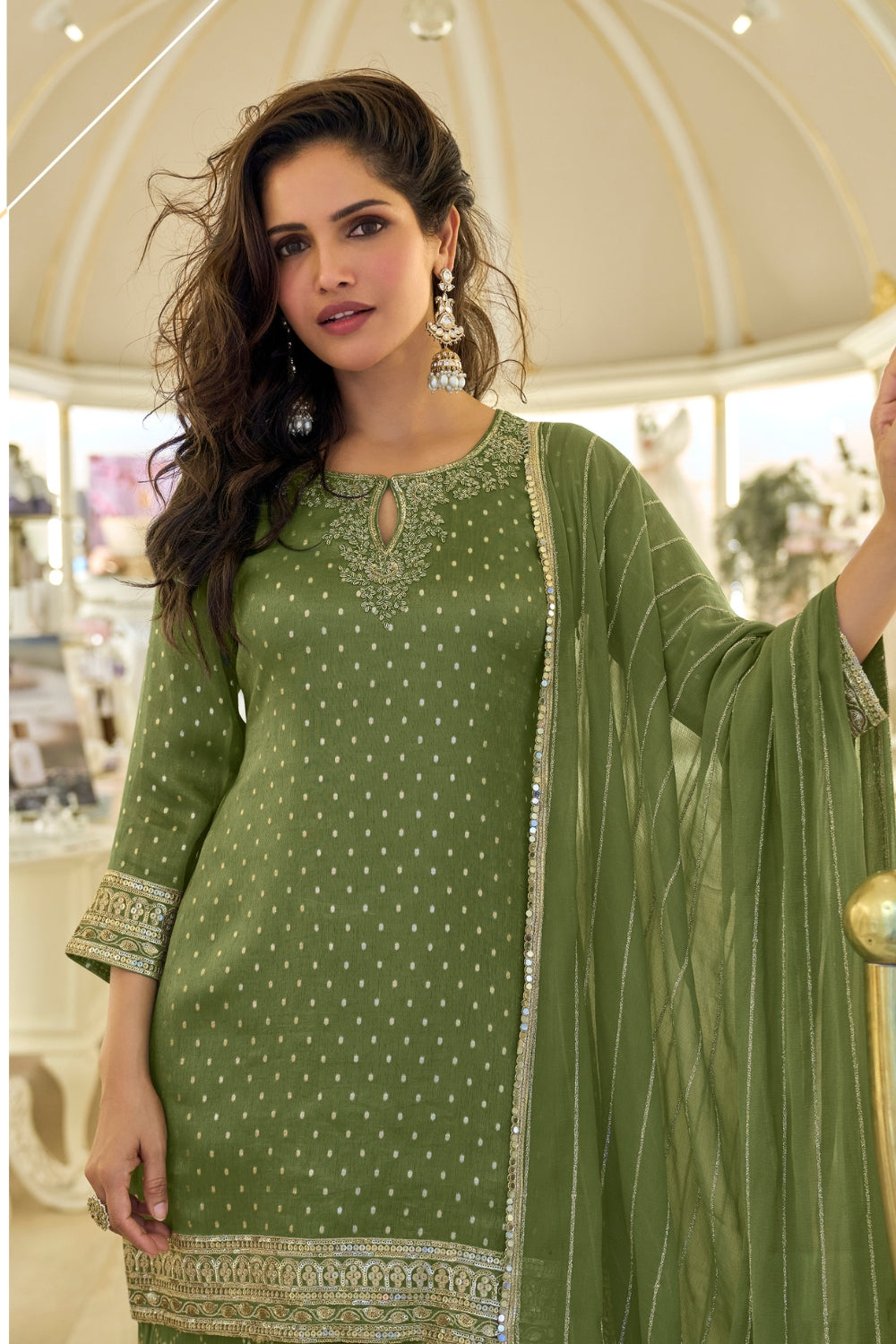 GREEN TISSUE PALAZZO SUIT WITH CUTDANA AND EMBROIDERY