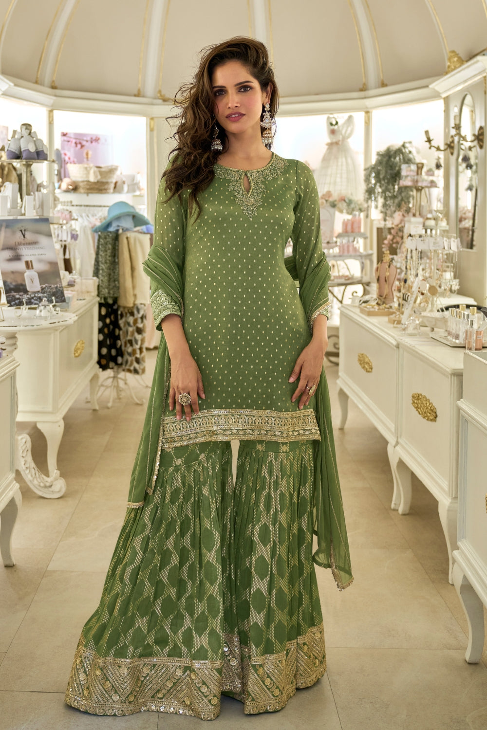 GREEN TISSUE PALAZZO SUIT WITH CUTDANA AND EMBROIDERY