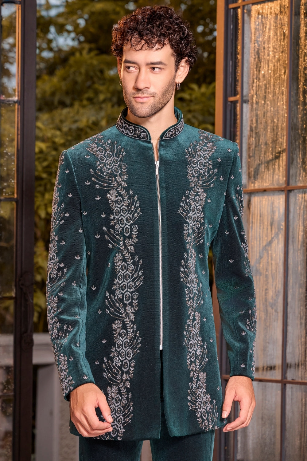 GREEN VEVELT INDO WESTERN WITH MOTI AND MIRROR