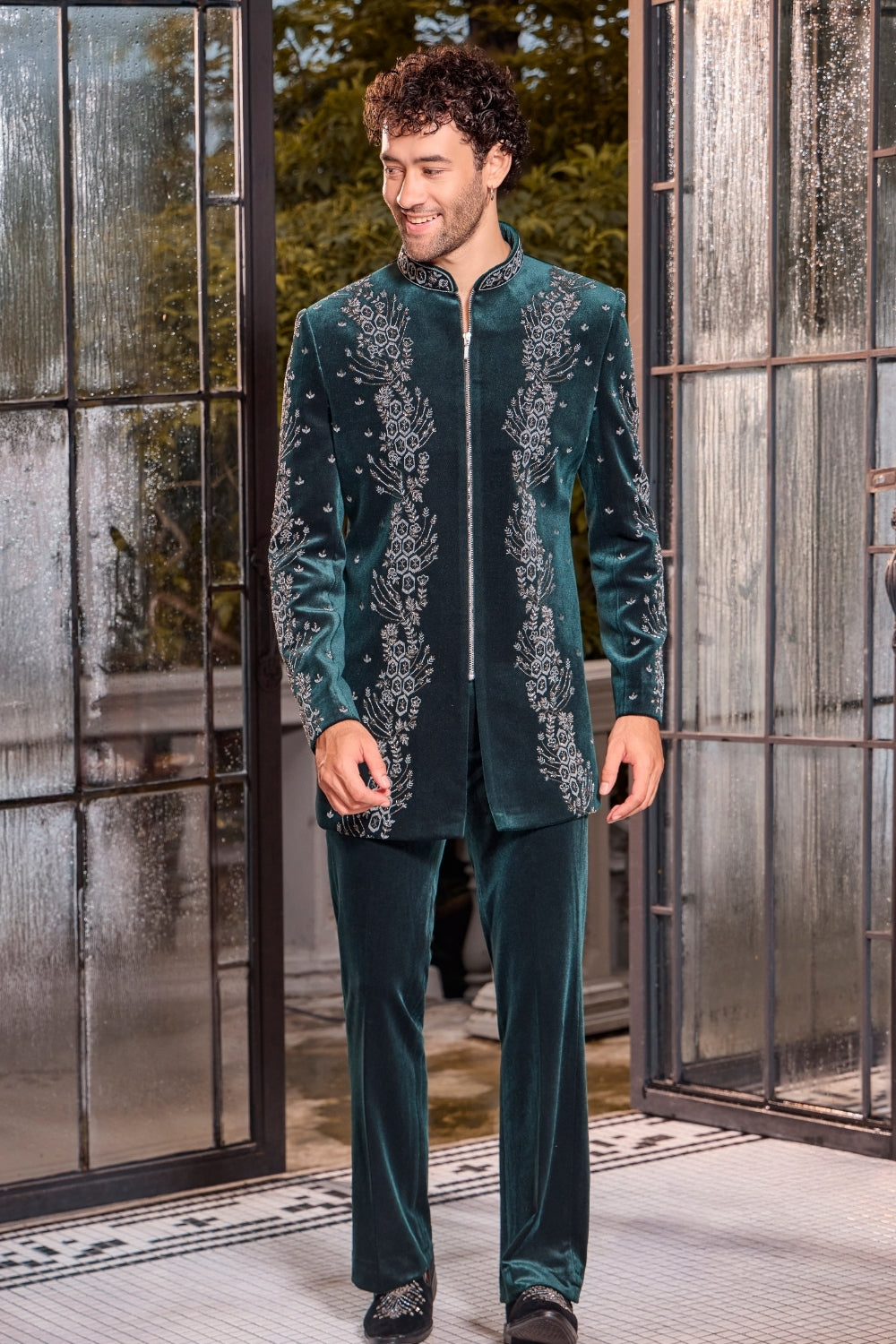 GREEN VEVELT INDO WESTERN WITH MOTI AND MIRROR