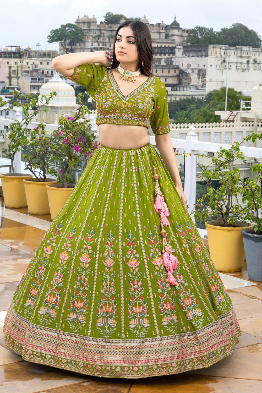 GREEN SILK LEHENGA CHOLI RESHAM EMBROIDERY AND ZARDOSI