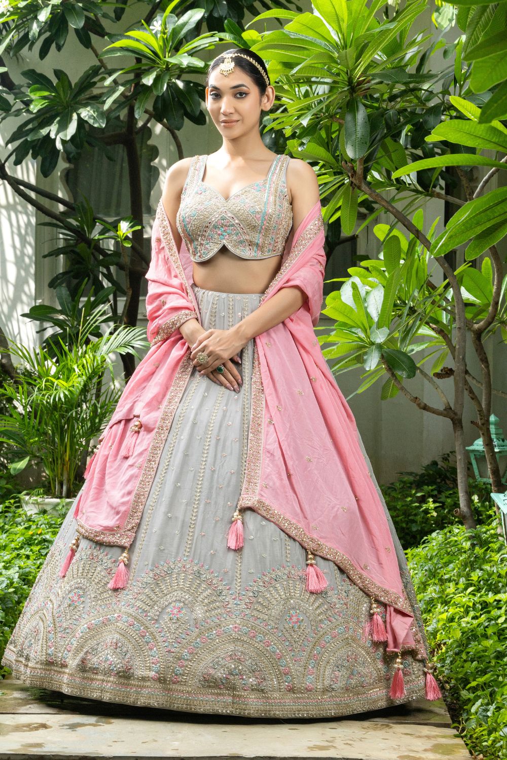 GREY CREPE SILK LEHENGA CHOLI WITH MOTI AND SEQUINS WORK