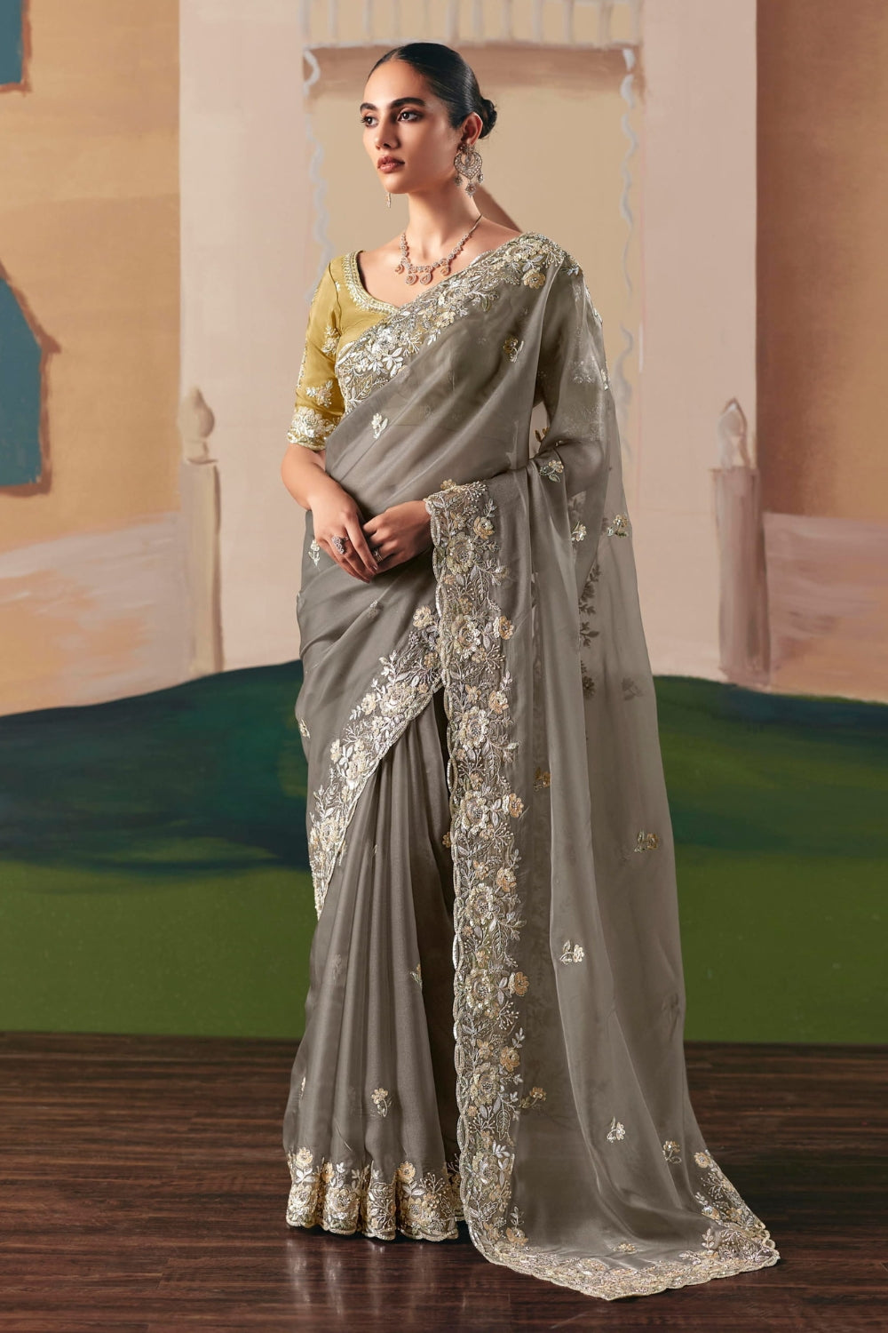 GREY ORGANZA SAREE WITH RESHAM EMBROIDERY AND SEQUINS