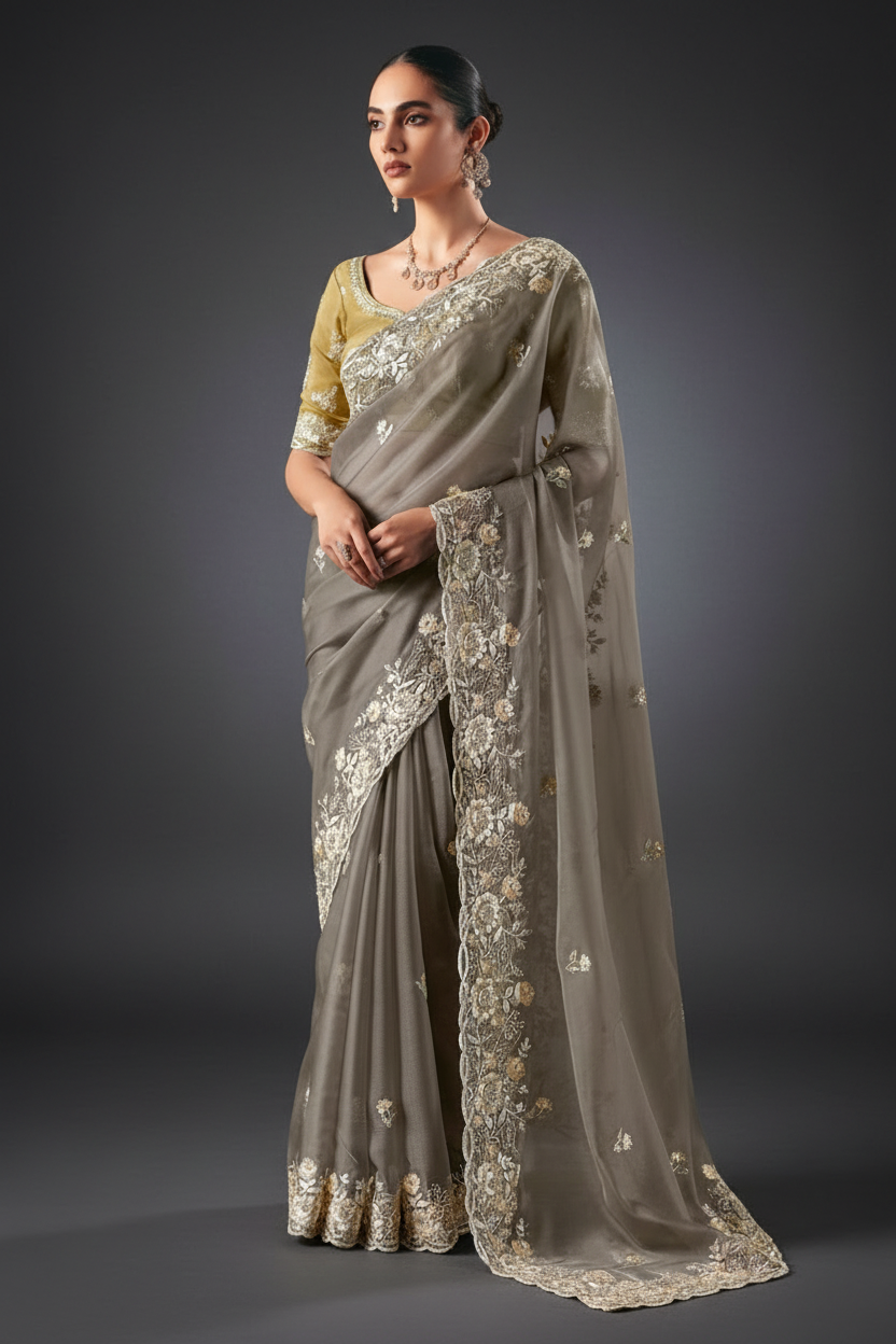 GREY ORGANZA SAREE WITH RESHAM EMBROIDERY AND SEQUINS