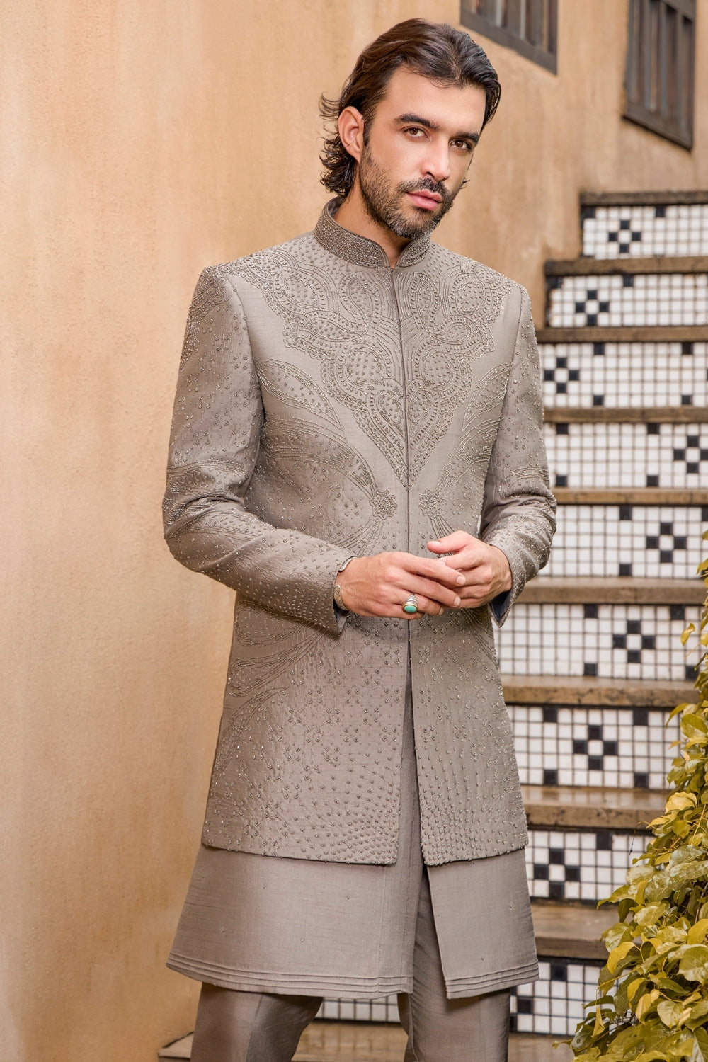 GREY RAW SILK INDO WESTERN WITH CUTDANA AND MOTI