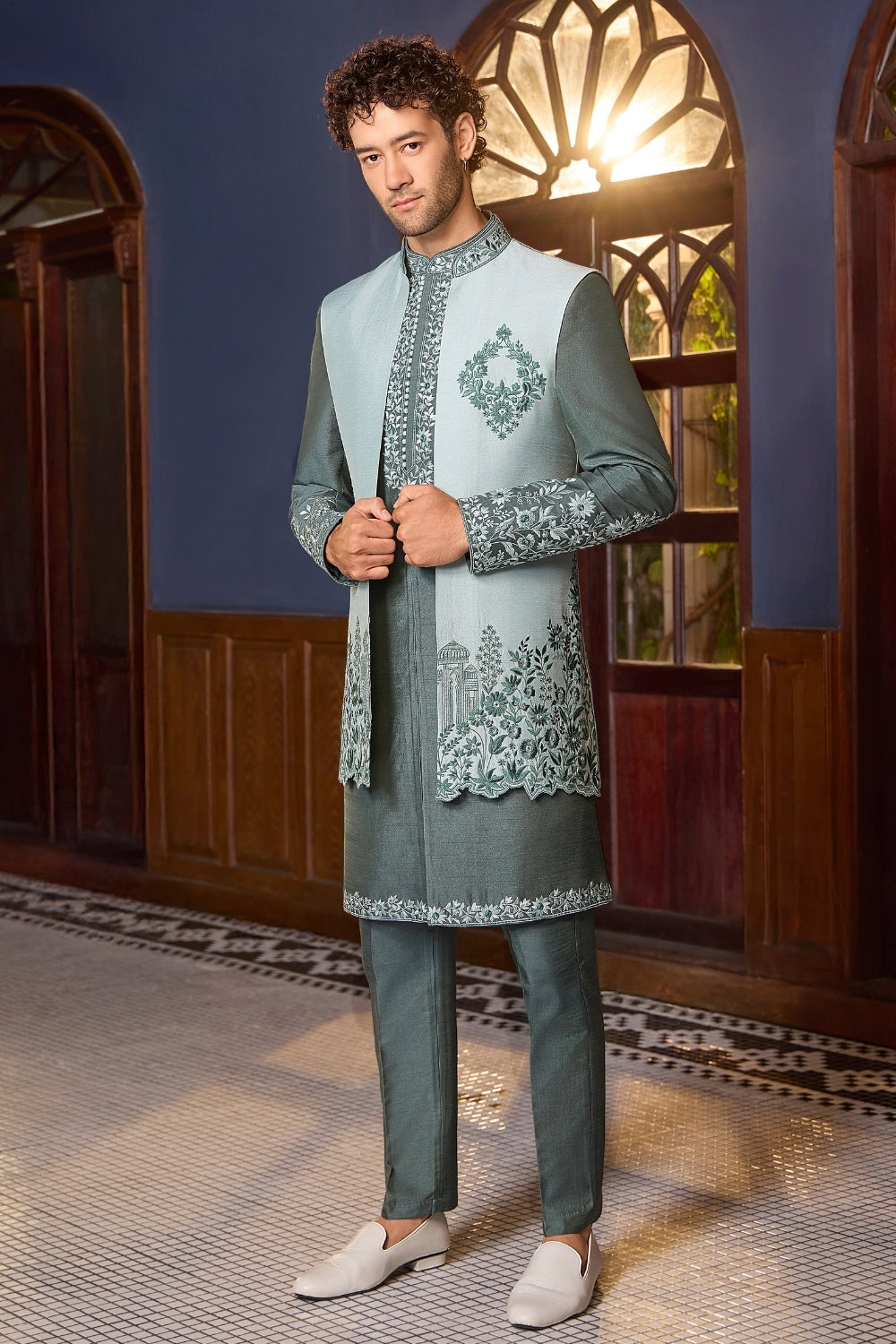 GREY SILK INDO WESTERN WITH MIRROR AND RESHAM EMBROIDERY