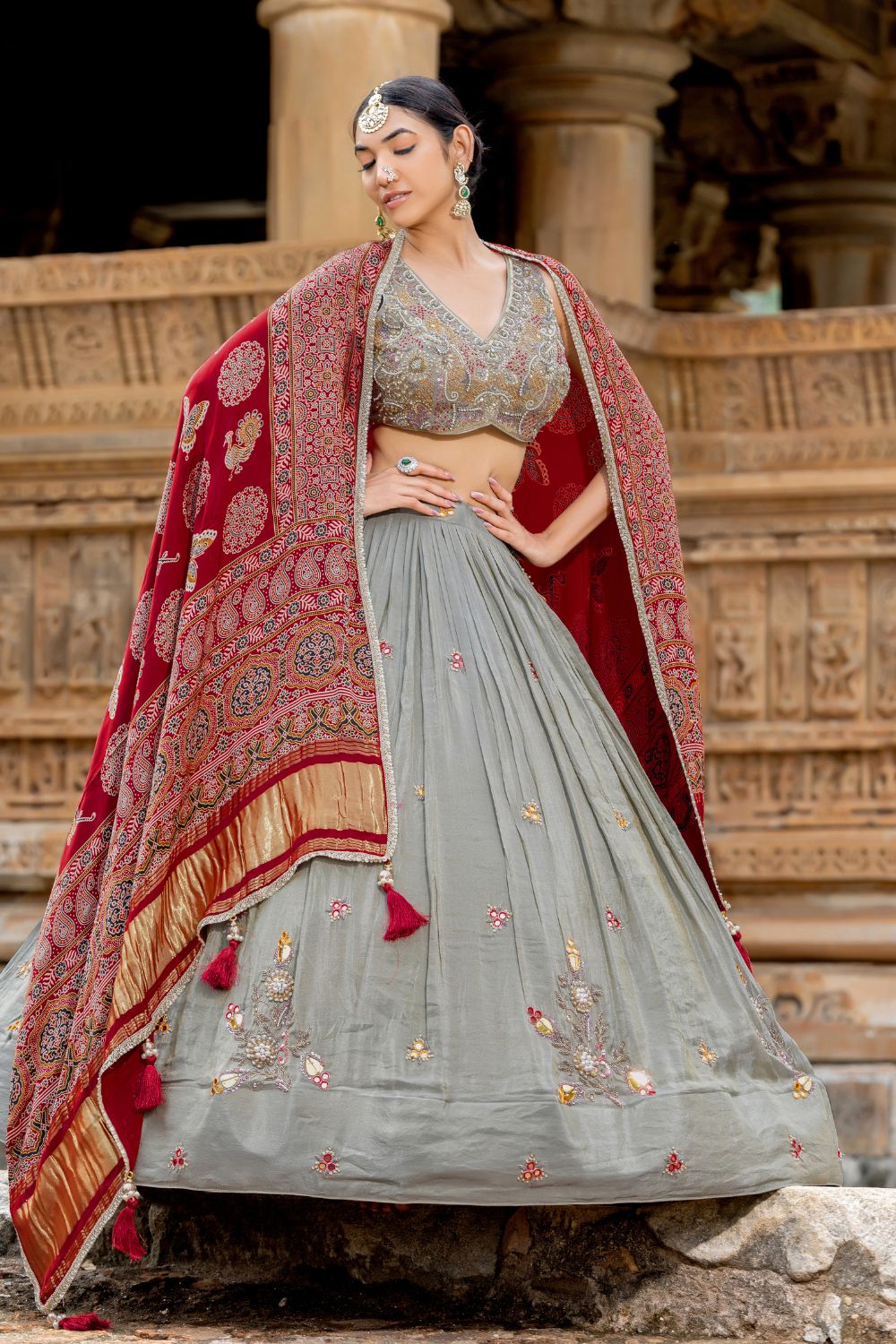 GREY TISSUE LEHENGA CHOLI WITH CUTDANA AND MOTI WORK