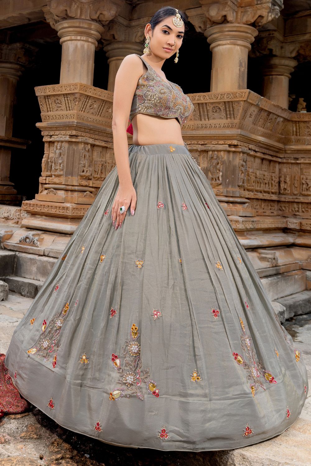 GREY TISSUE LEHENGA CHOLI WITH CUTDANA AND MOTI WORK