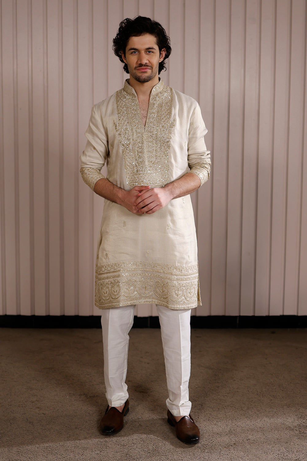 Gold Silk Kurta Pajama with Gold Zari & Mirror Work.