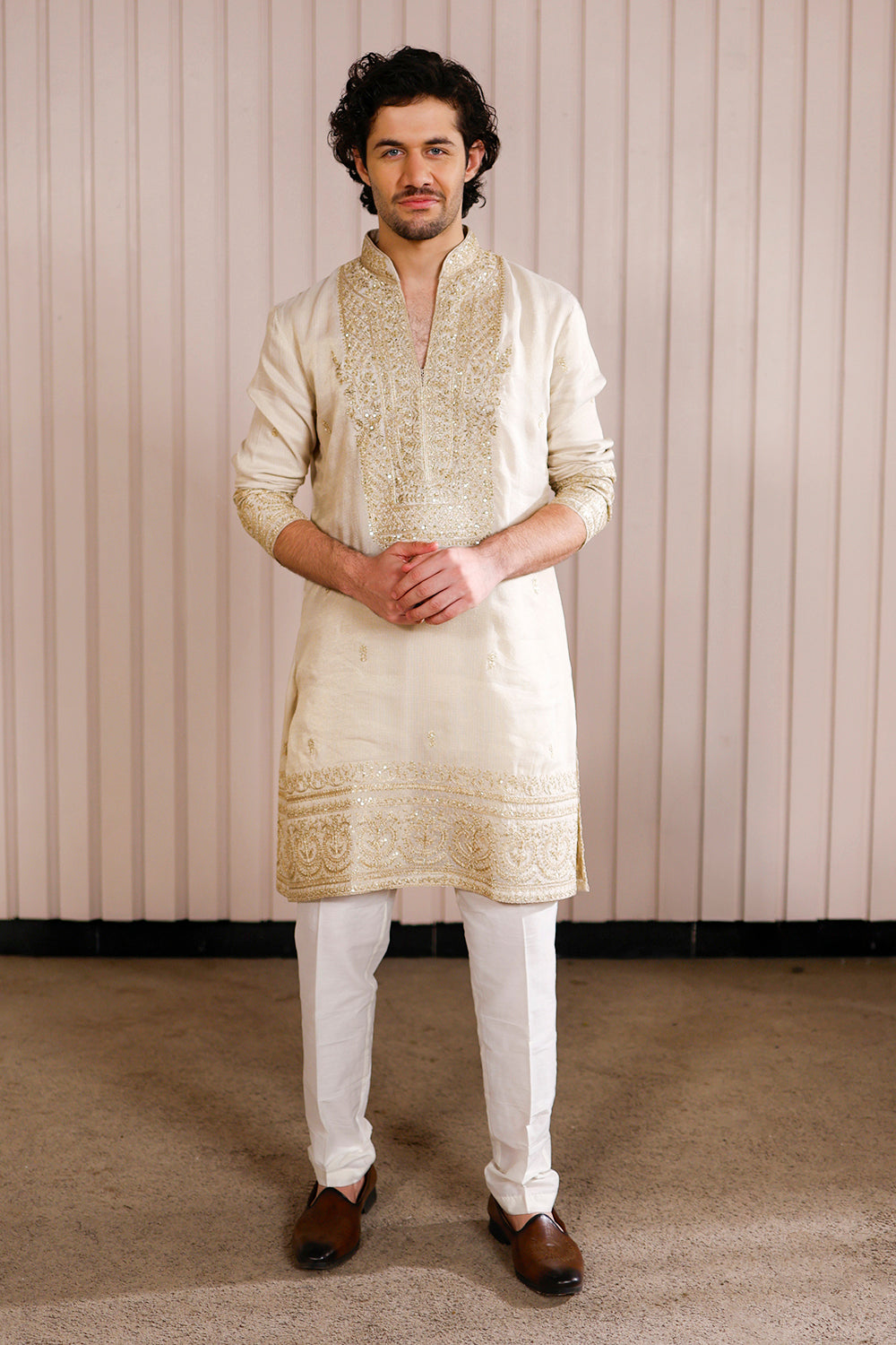 Gold Silk Kurta Pajama with Gold Zari & Mirror Work.