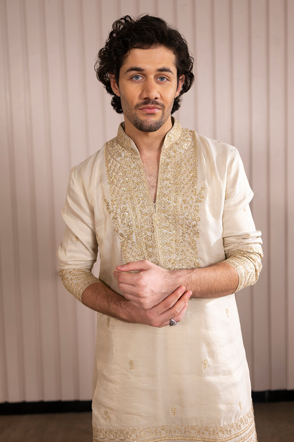 Gold Silk Kurta Pajama with Gold Zari & Mirror Work.