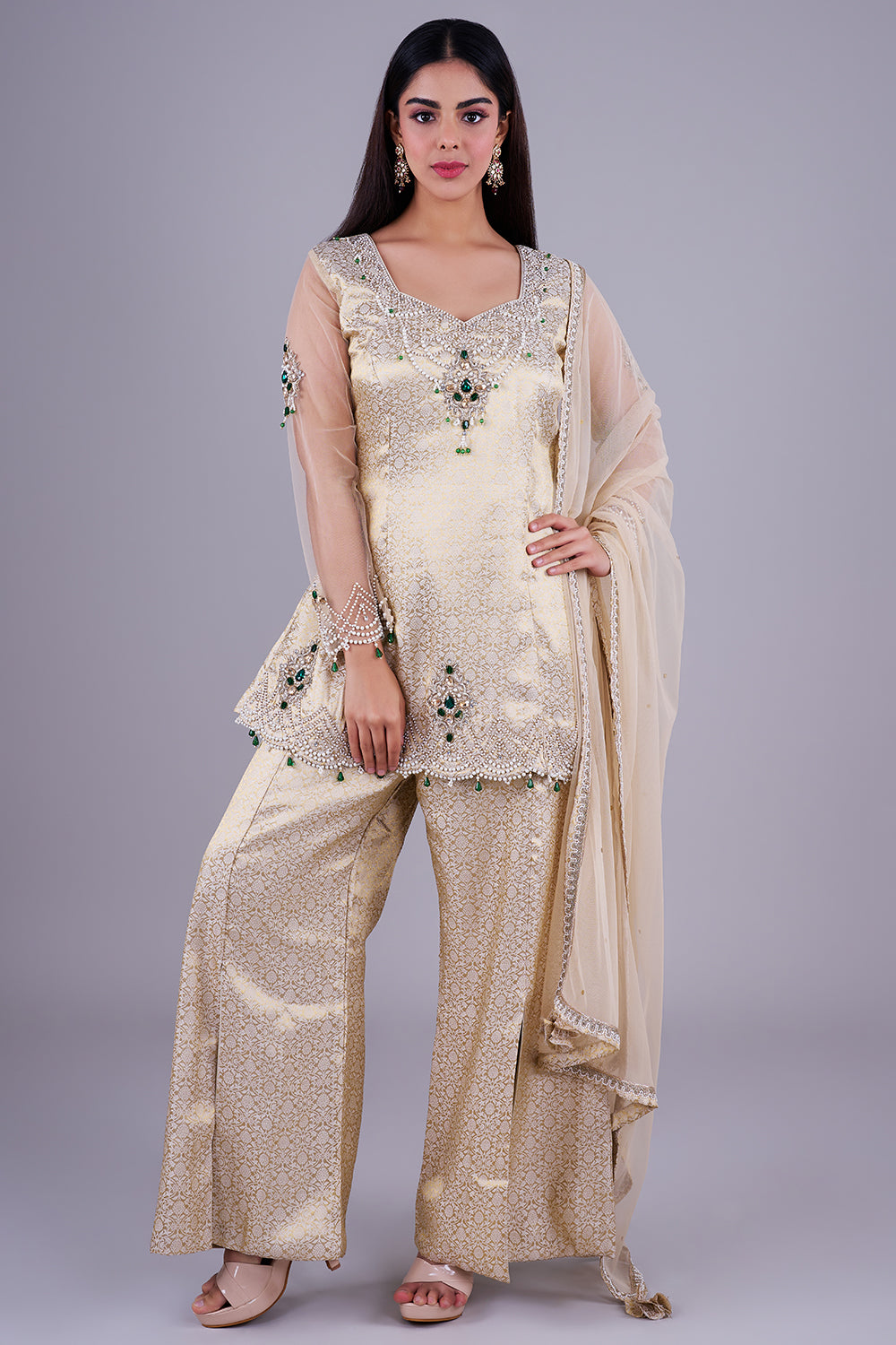 Gold brocade peplum sharara set