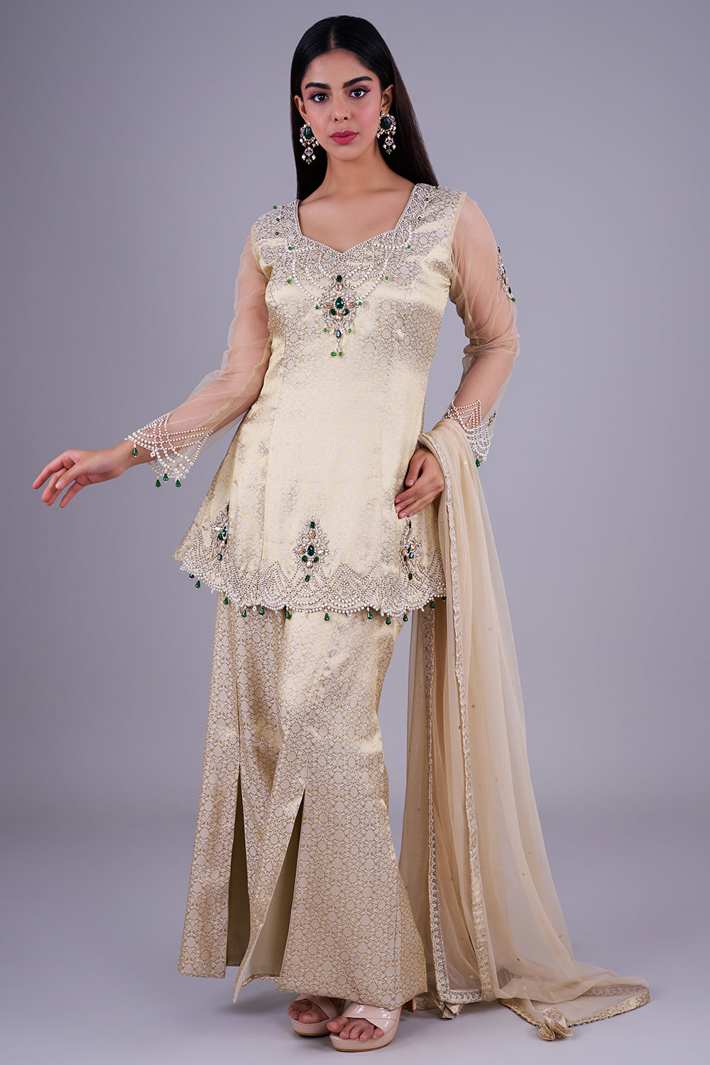 Gold brocade peplum sharara set