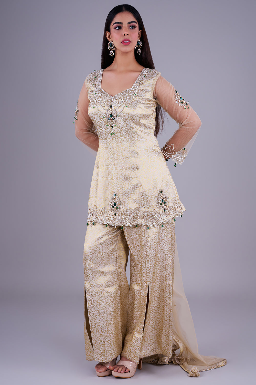 Gold brocade peplum sharara set