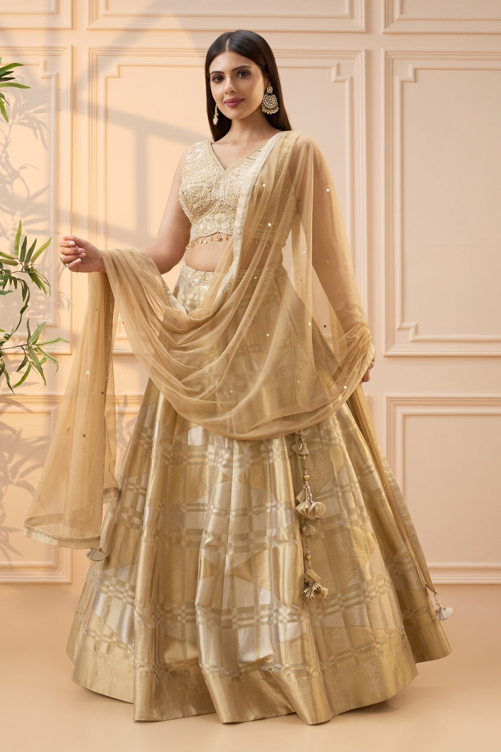 Golden Banarsi Silk Lehenga Set with Mirror and Moti Work