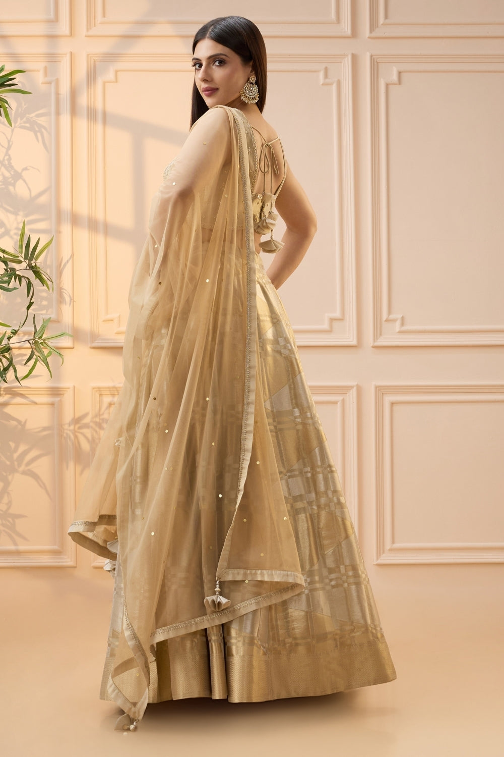 Golden Banarsi Silk Lehenga Set with Mirror and Moti Work