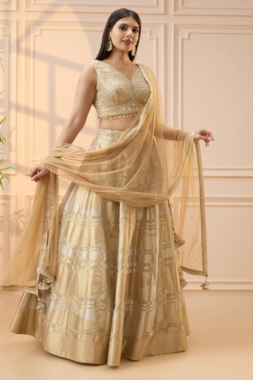 Golden Banarsi Silk Lehenga Set with Mirror and Moti Work